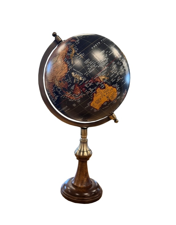 Antique Black Globe on Brass & Wood Stand