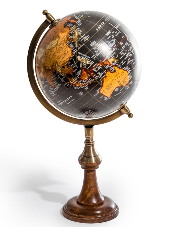 Antique Black Globe on Brass & Wood Stand