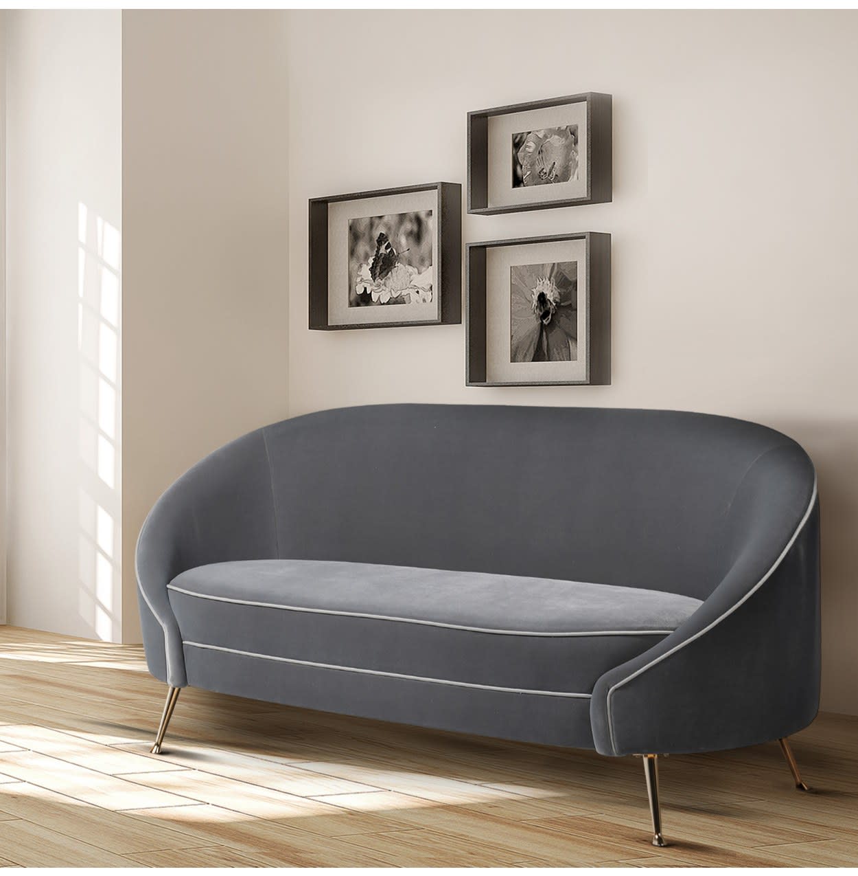 Grey and Gold Velvet Curve Sofa