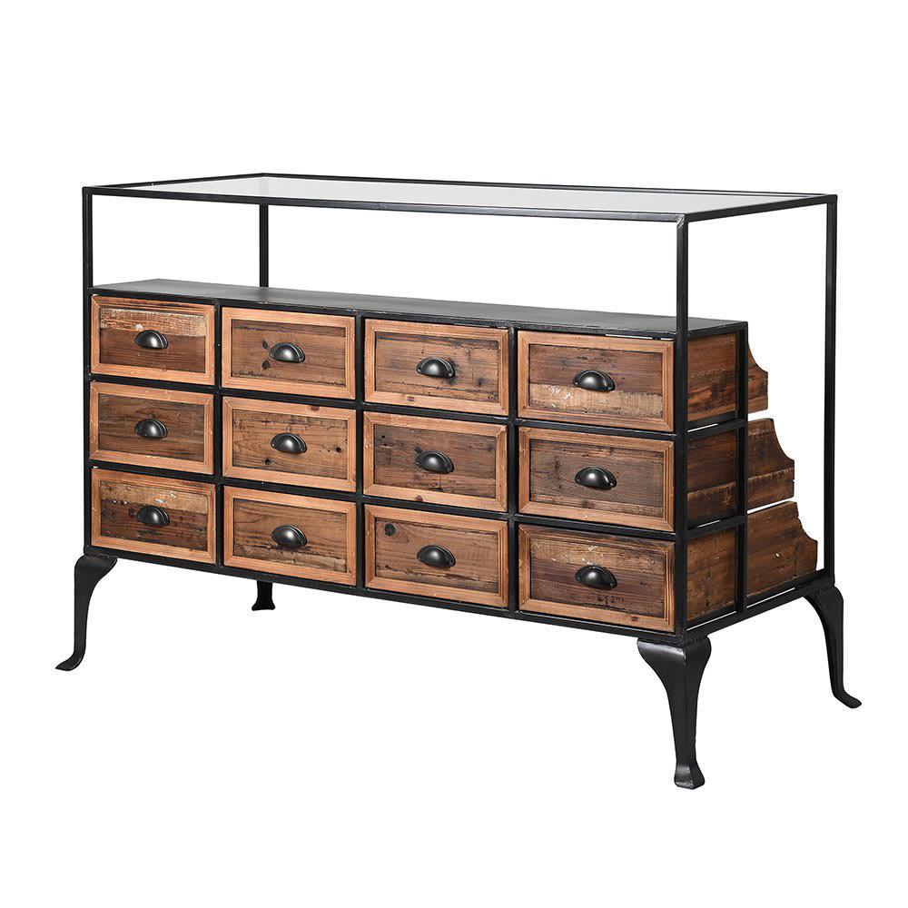 12 Drawer Wooden Sideboard with Glass Top