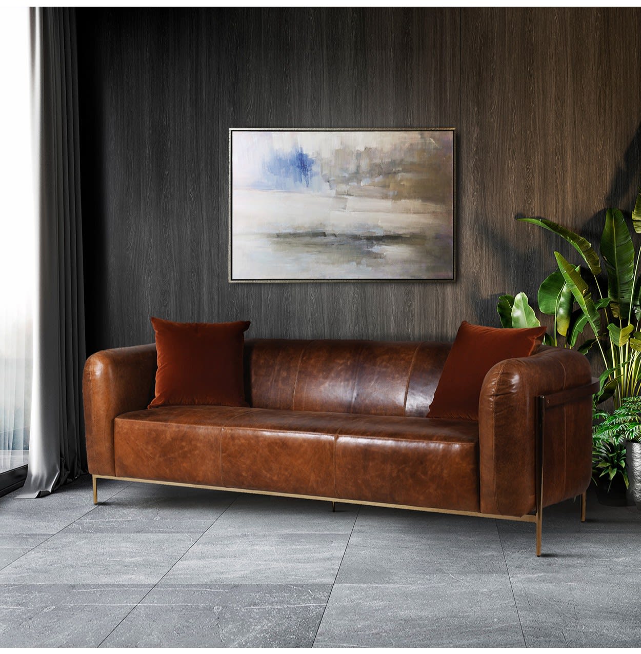 Gold and Brown Leather Sofa