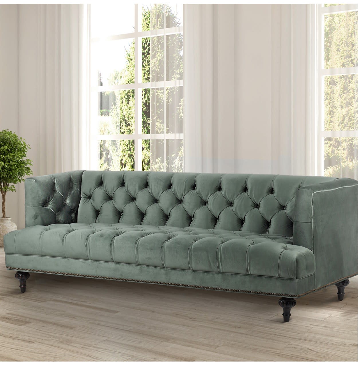 Sage Green Square Back 3 Seater Buttoned Sofa