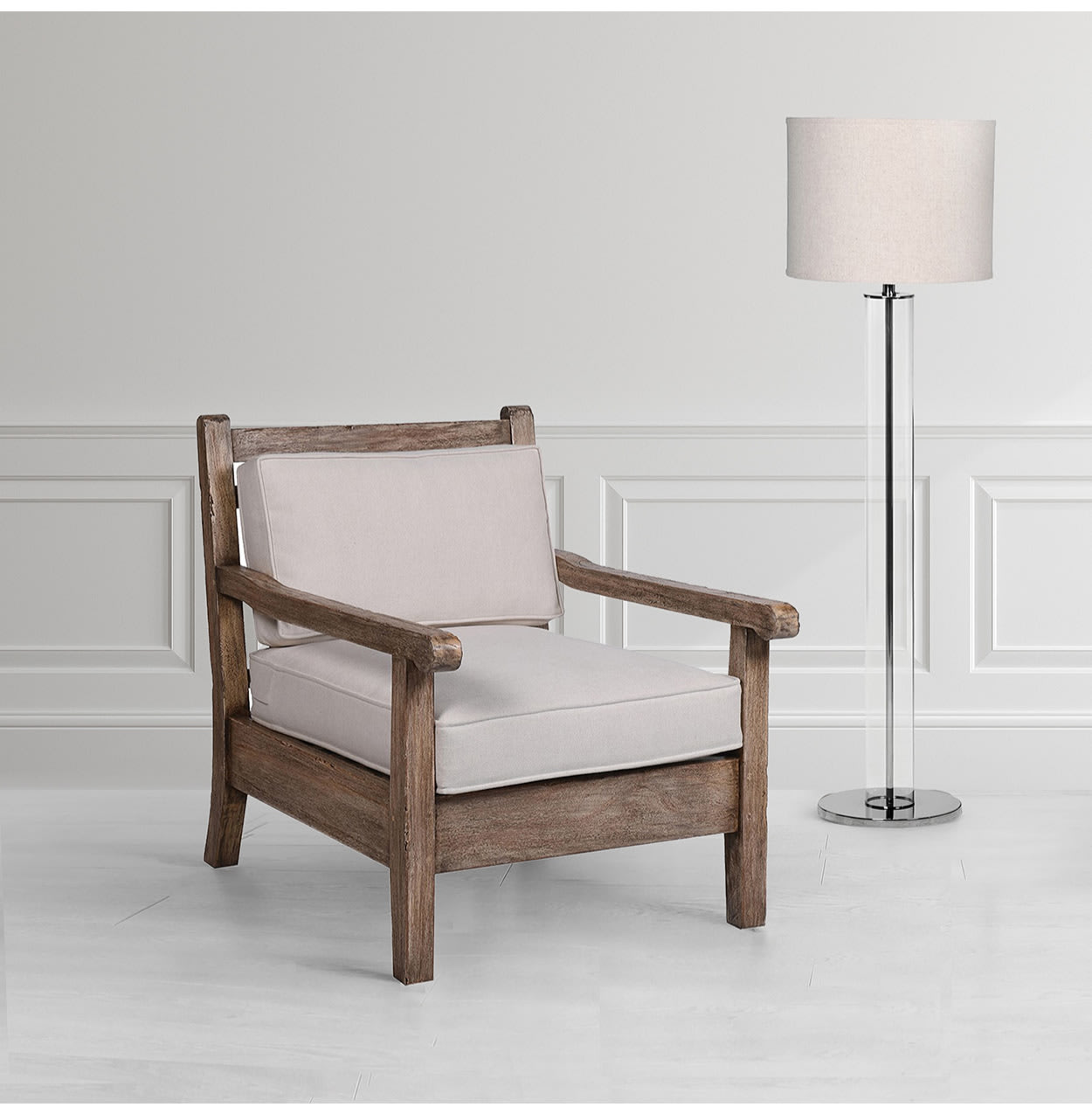 Natural Grey Wooden Armchair with Linen Upholstery