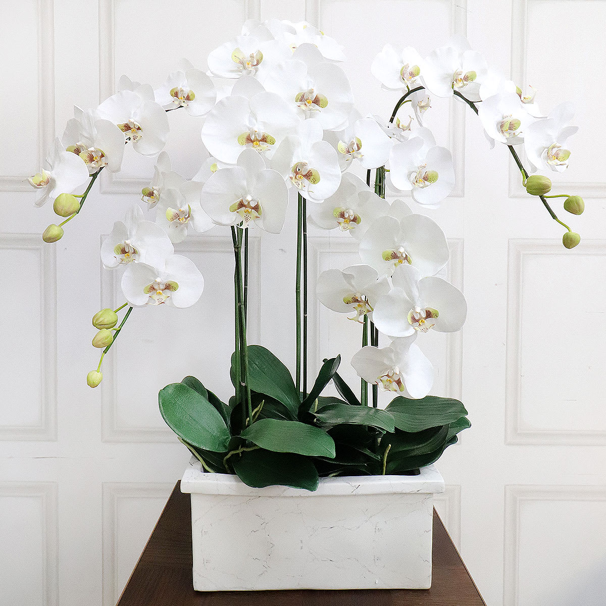 White Orchid Phalaenopsis Plant in Marble Look Planter