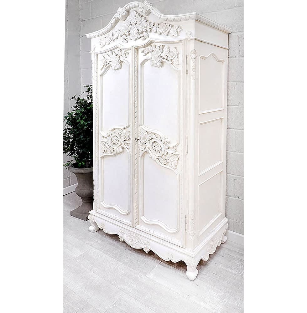 French Style White Heavy Carved Armoire Wardrobe