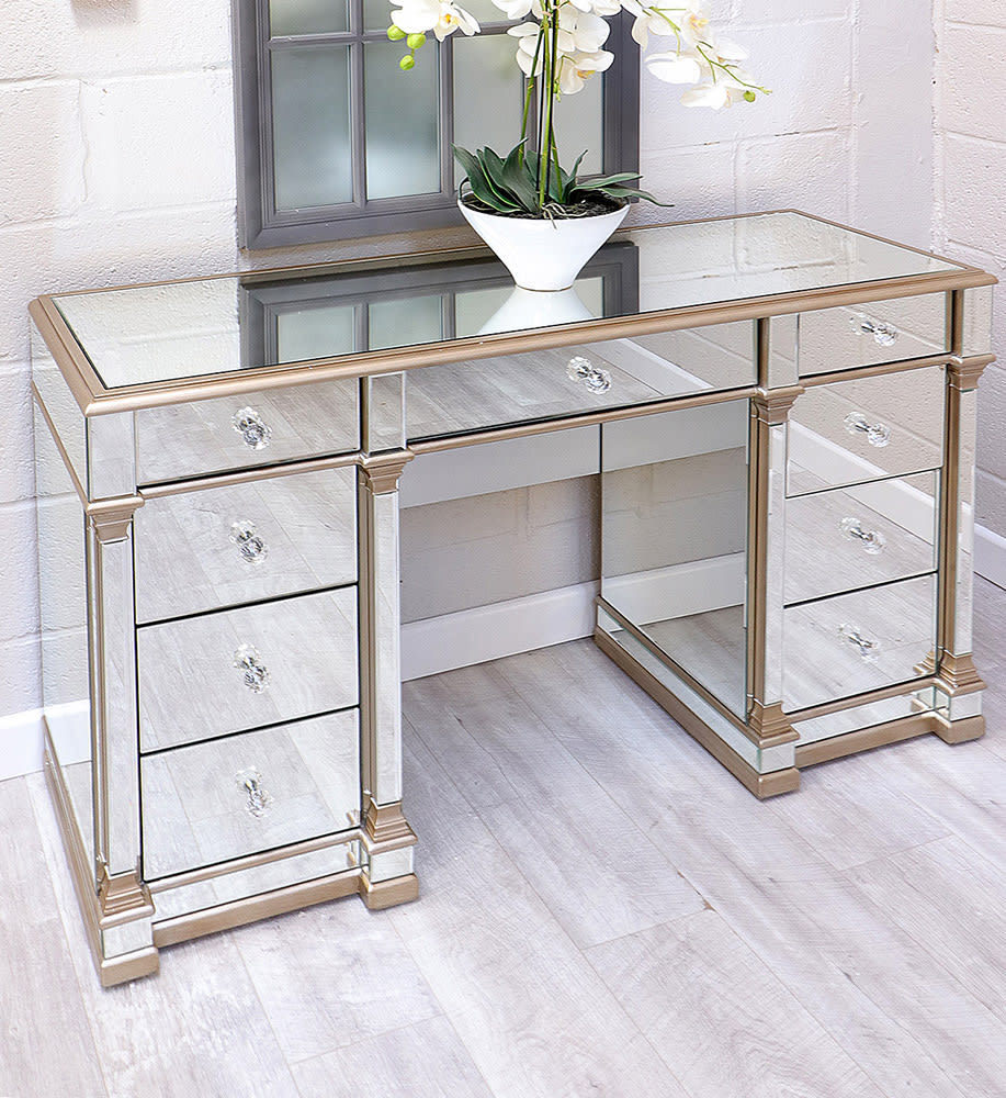 Venetian Mirrored Column Dressing Table Desk Brushed Gold