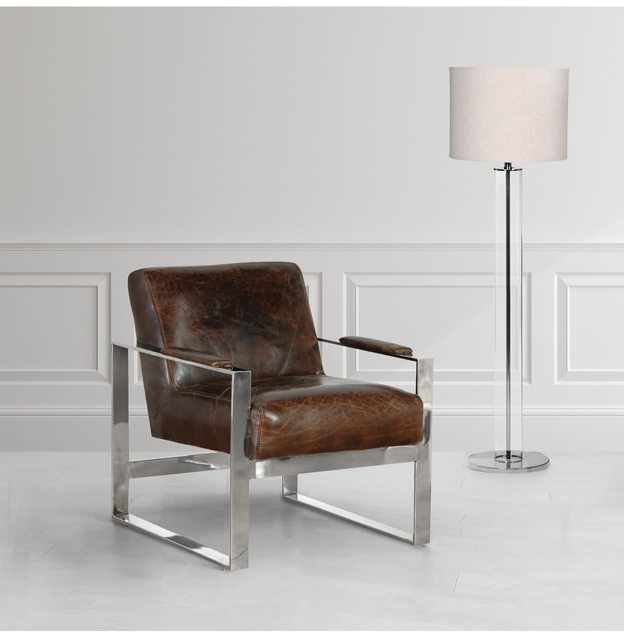 Vintage Brown Leather Chrome Straight Armchair