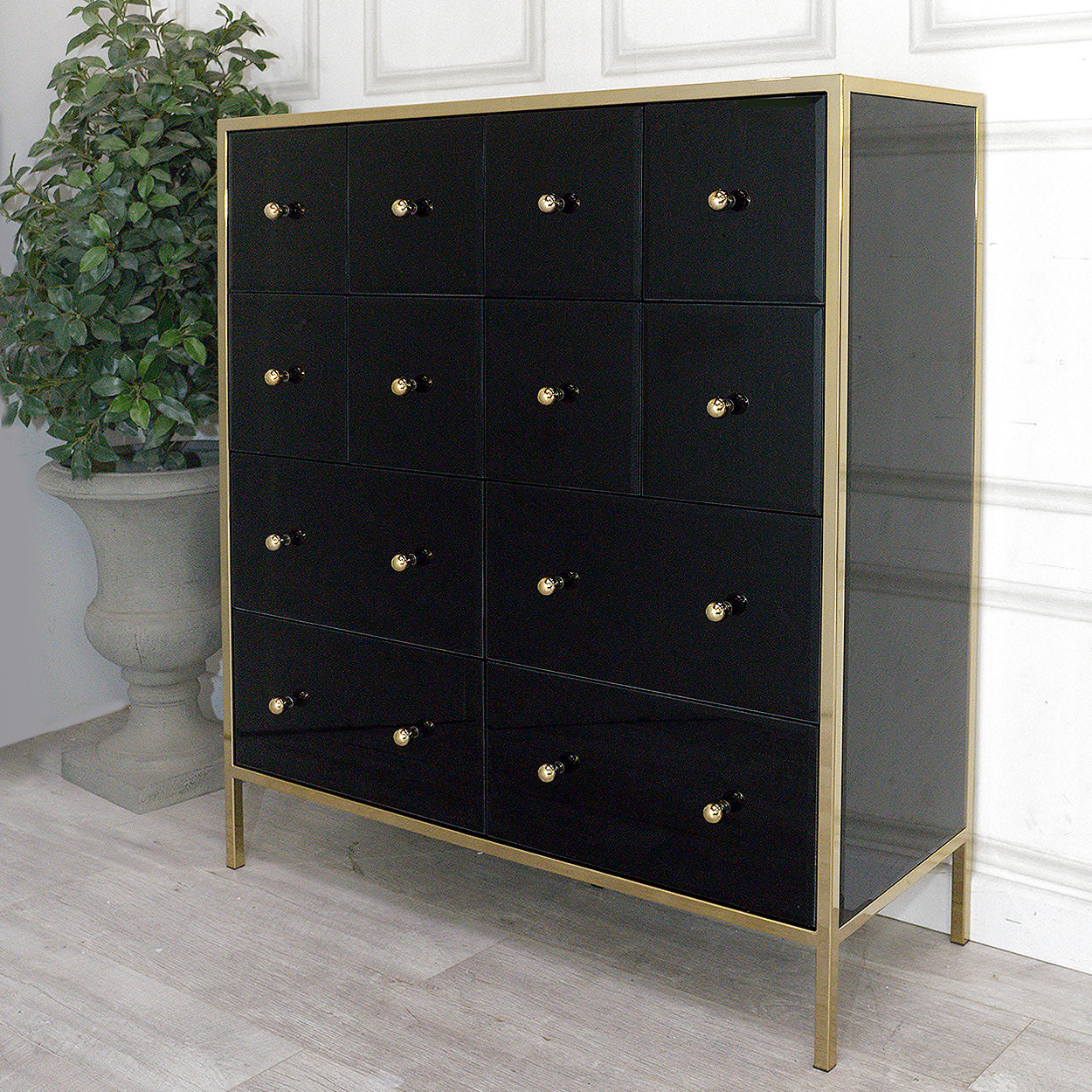 Doha Black Glass and Gold 12 Drawer Chest
