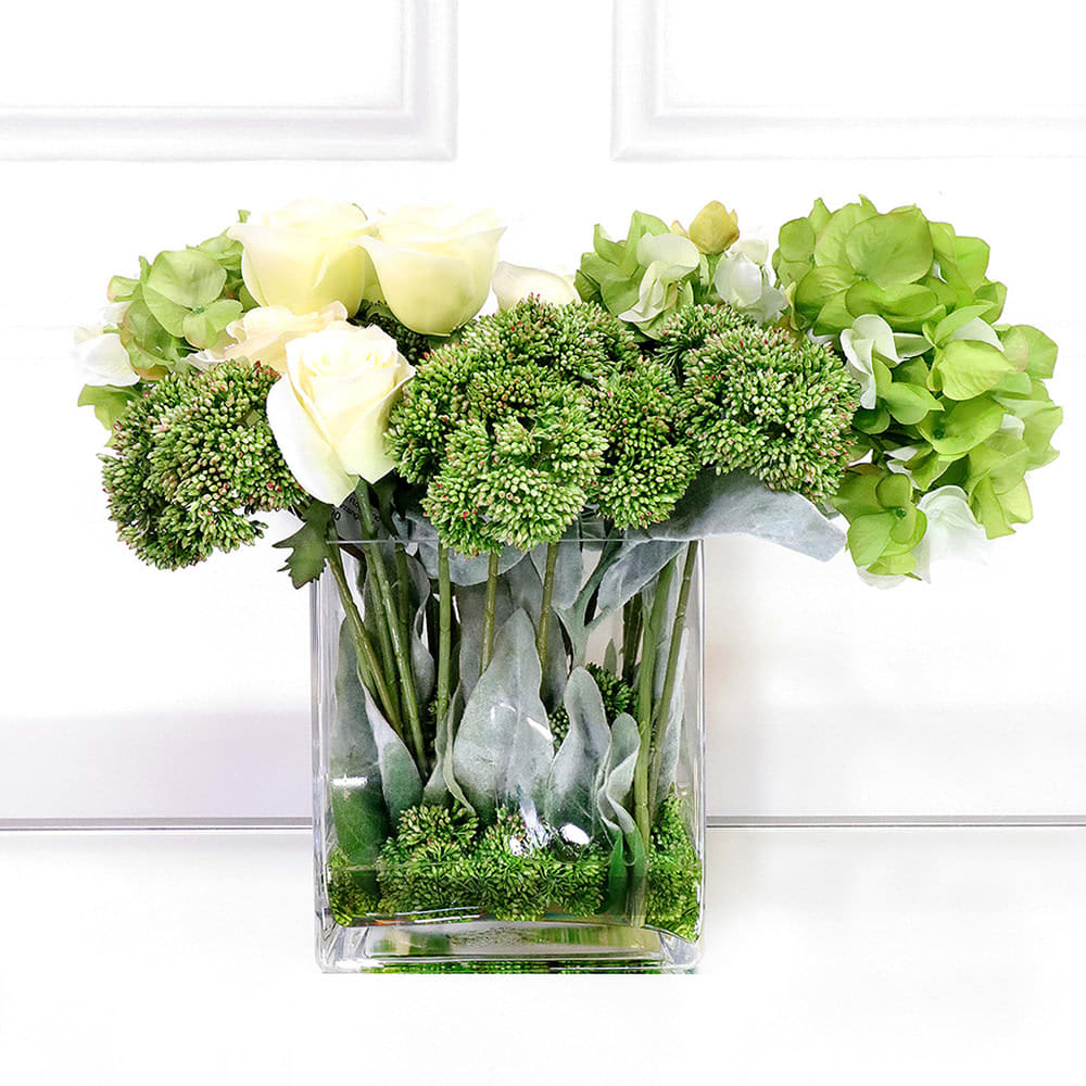 Lime Hydrangea, Rose and Sedum Arrangement in Tall Oblong Glass Vase