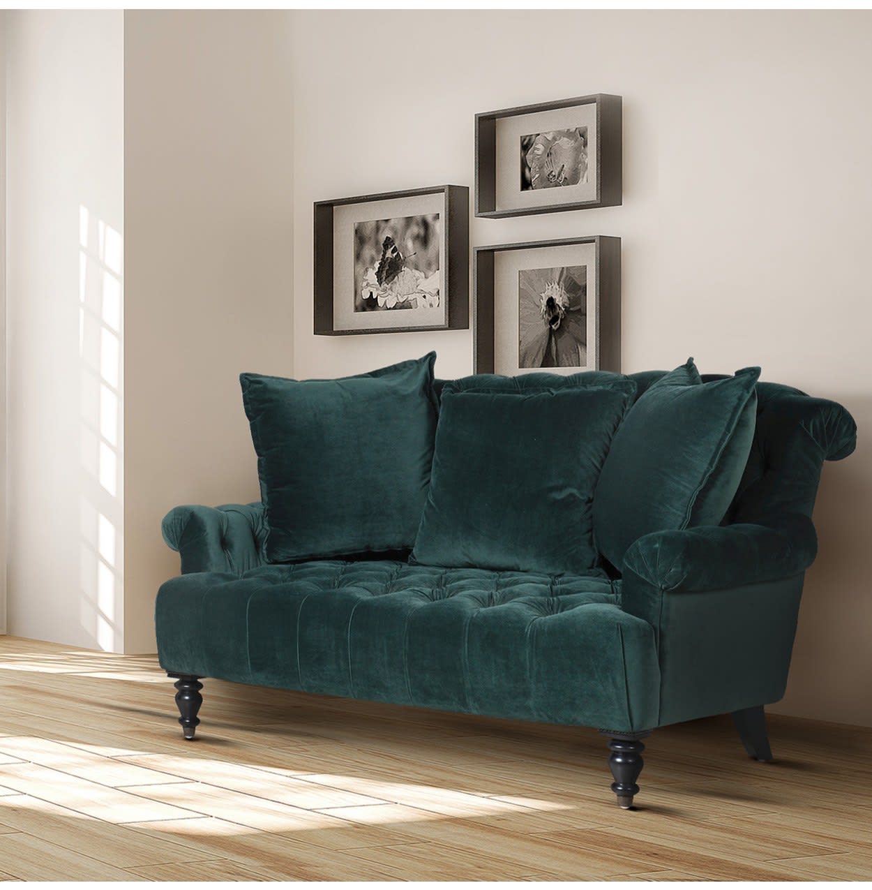 Deep Green Emerald Velvet Buttoned Sofa