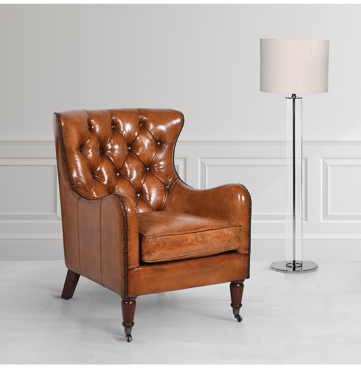 Button Back Brown Leather Armchair