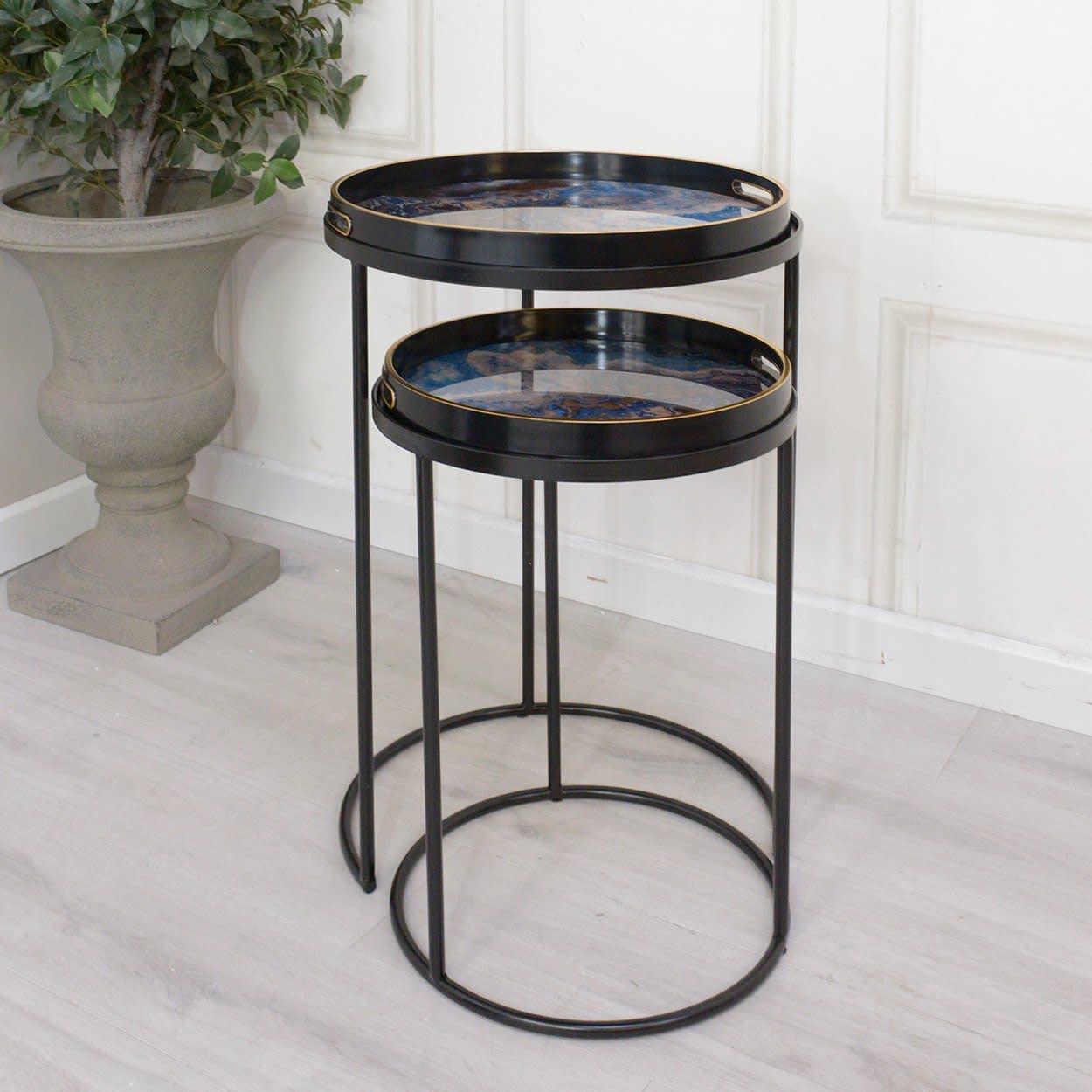 Set of 2 Blue Marble Effect Black Side Tables