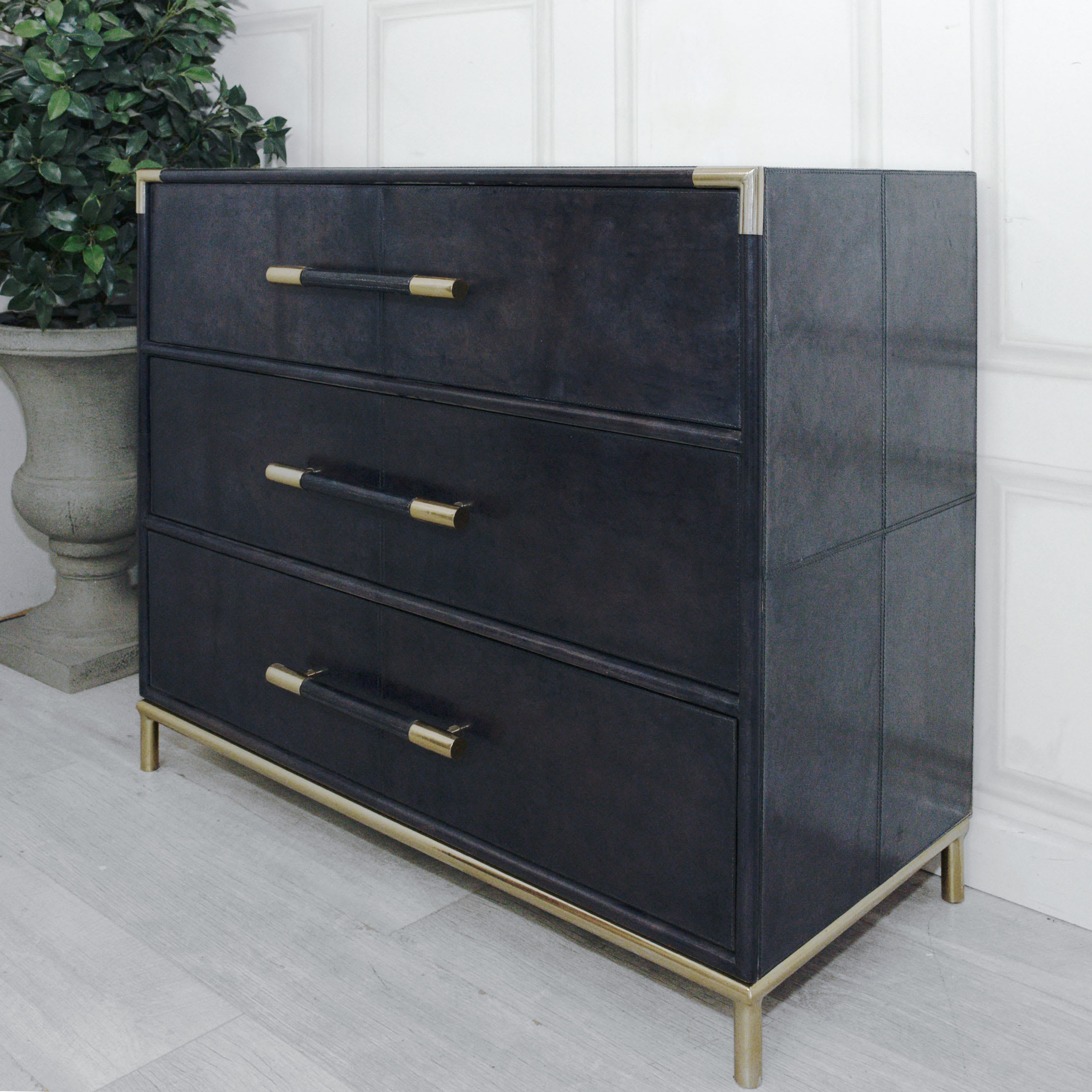 Blue Leather with Gold Trim Small Chest of Drawers
