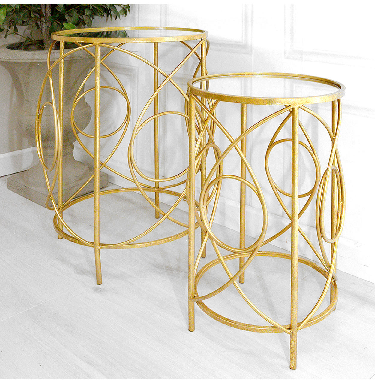 Gold Loop Mirrored Top Set 2 Lamp Tables