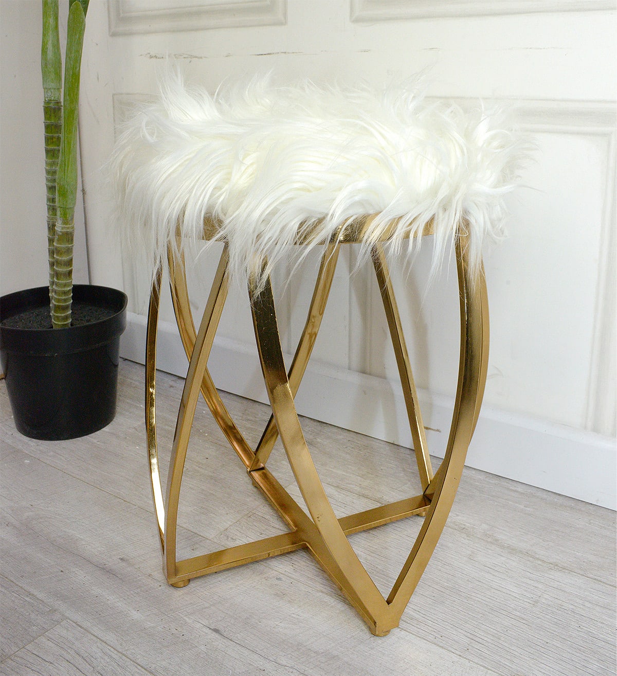 Faux Fur White and Gold Stool