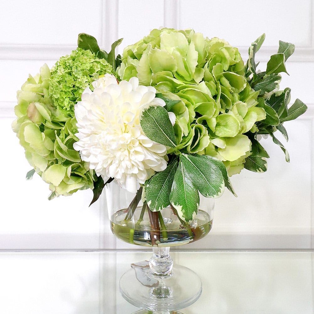 Mixed White and Greens Hydrangeas and Dahlia Floral Arrangement in Glass Footed Bowl