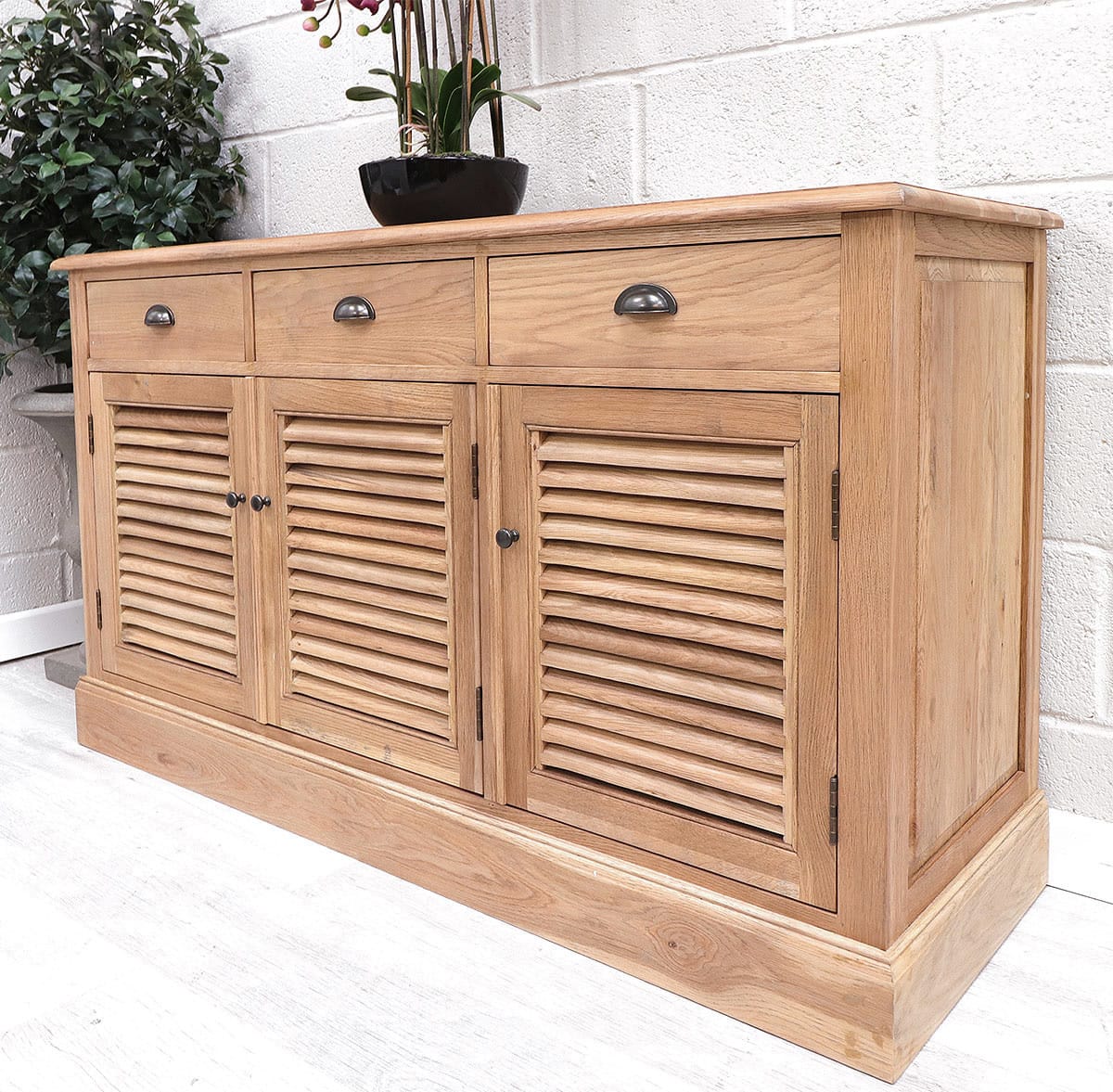 French Style Oak 3 Door Louvered Sideboard