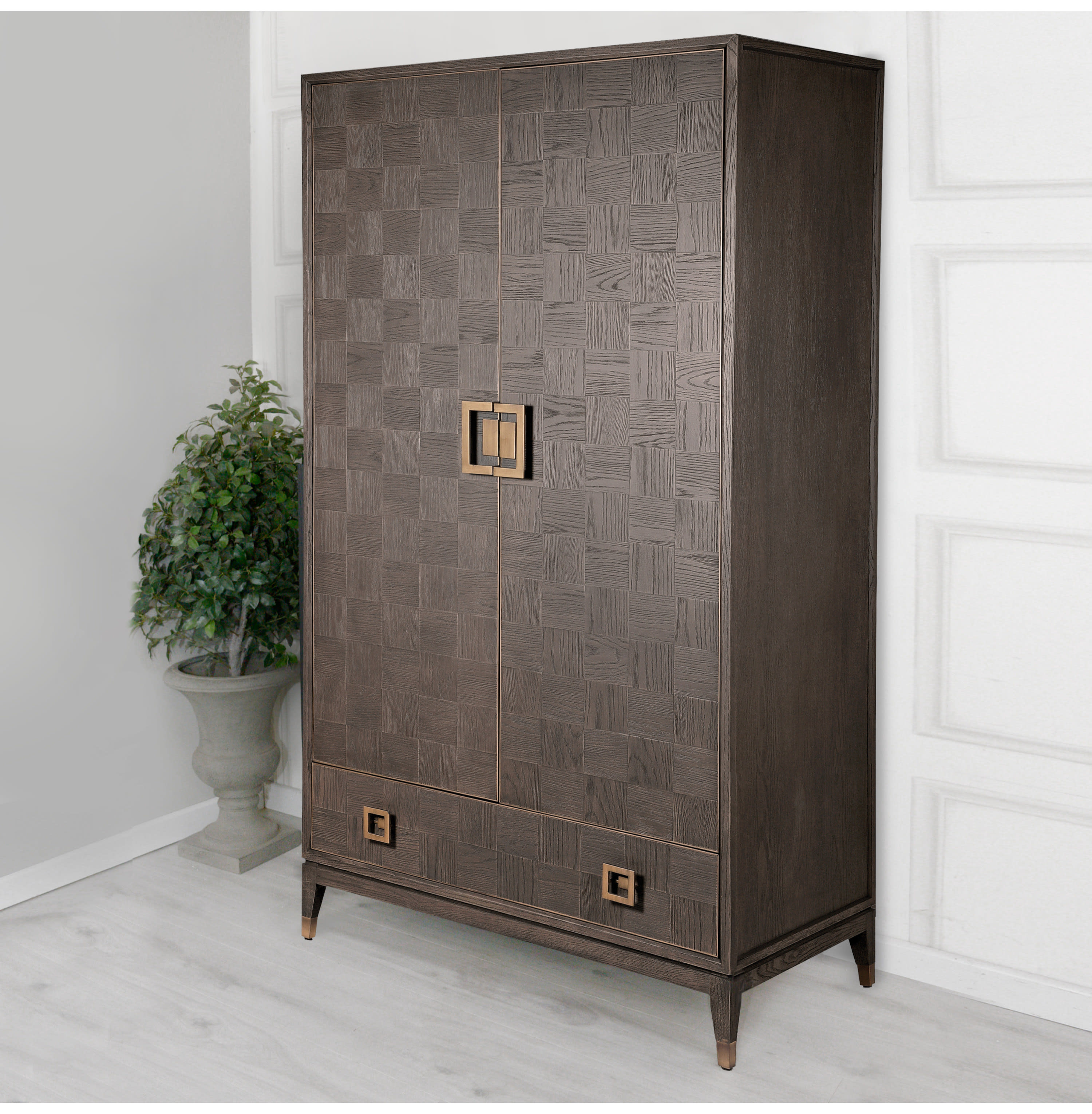 Boho grey parquet wardrobe with iron handles and a drawer