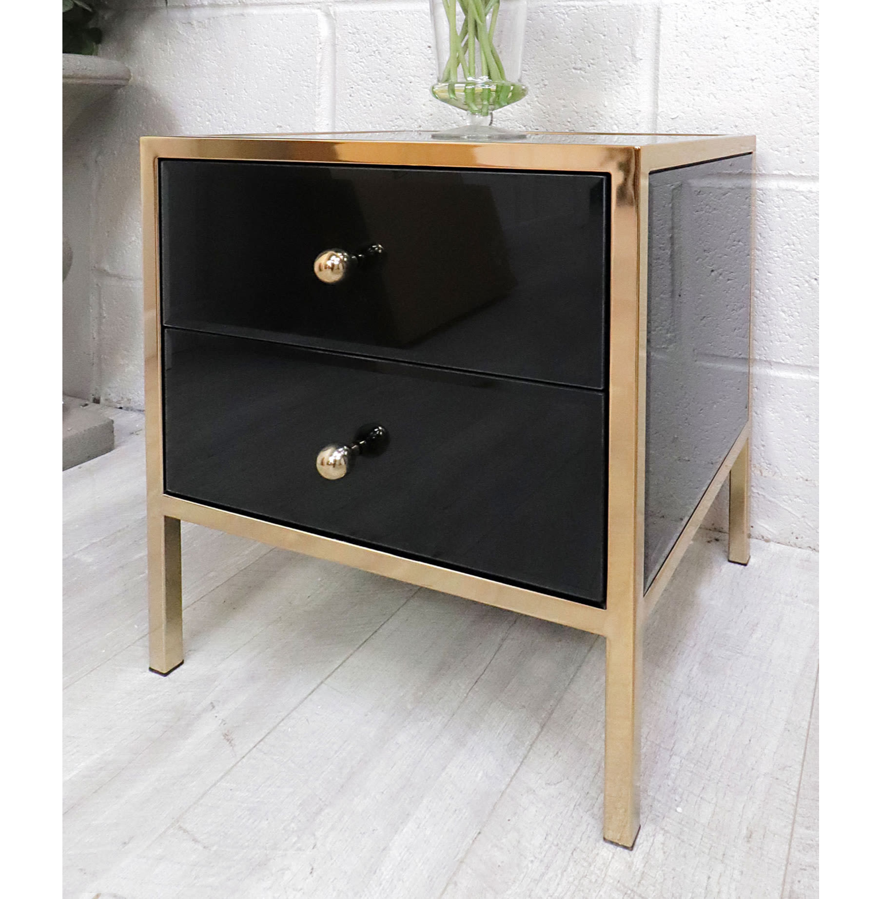 Doha Black Glass and Gold Bedside Table