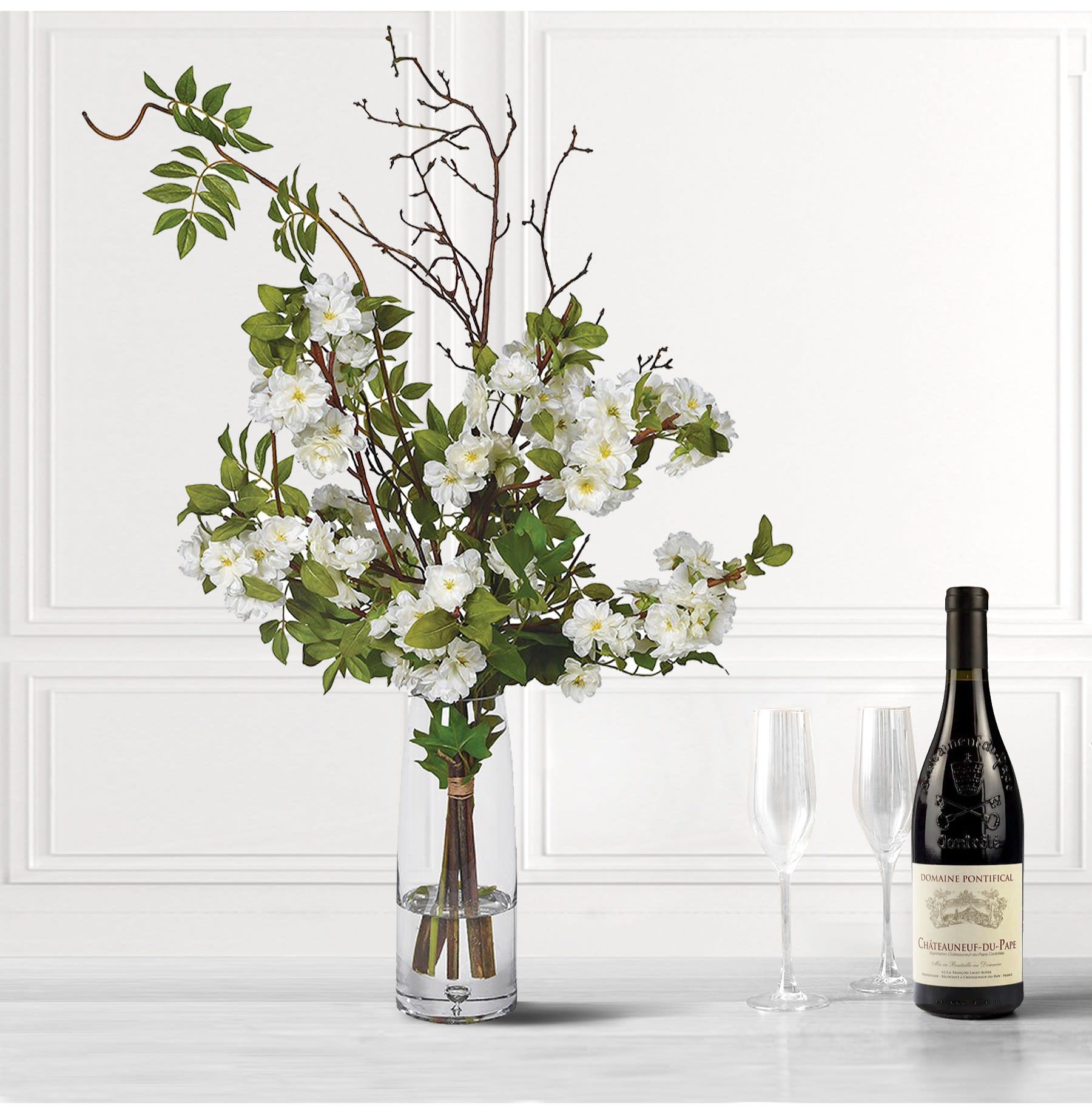 Faux White Blossom Arrangement in Glass Vase