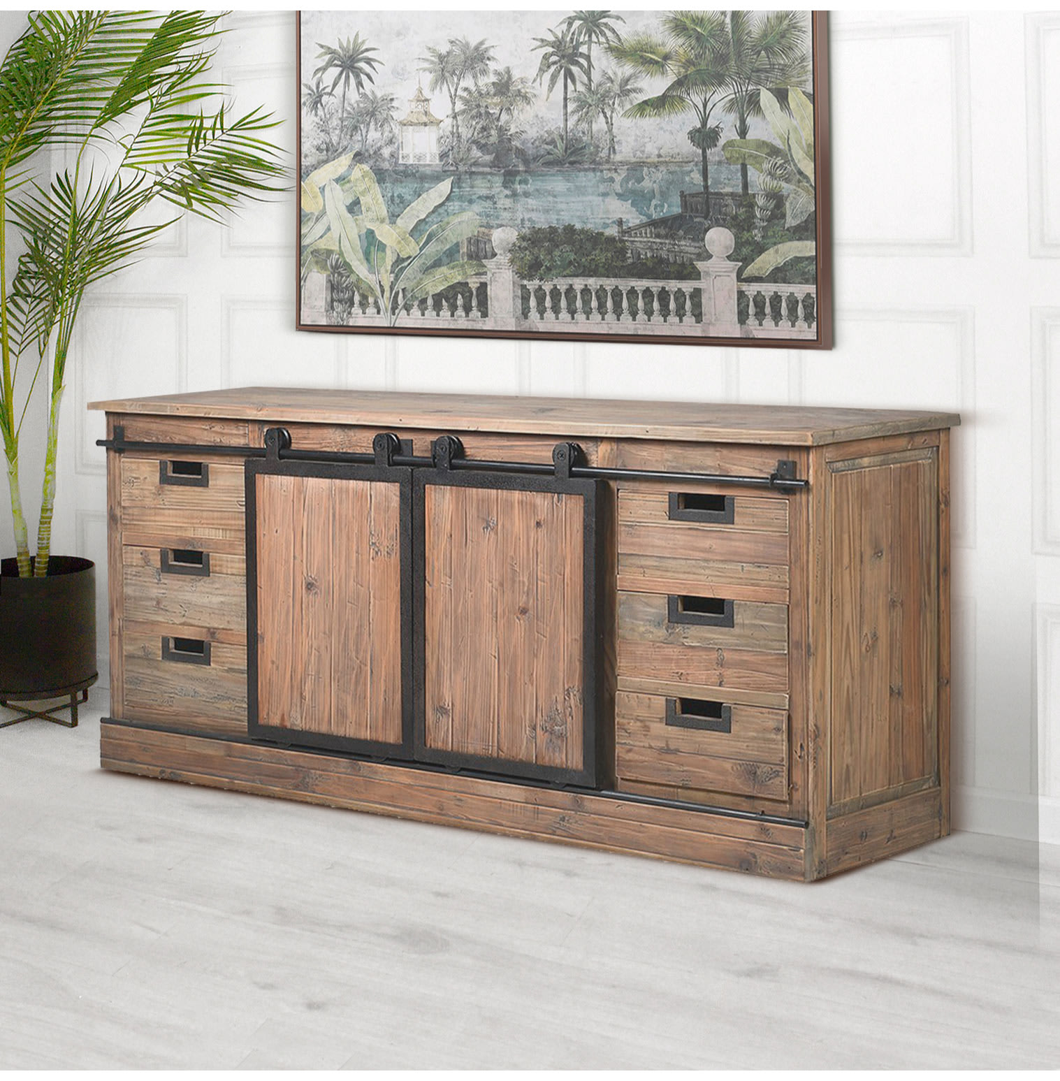 Antique Pine Sideboard with Sliding Doors