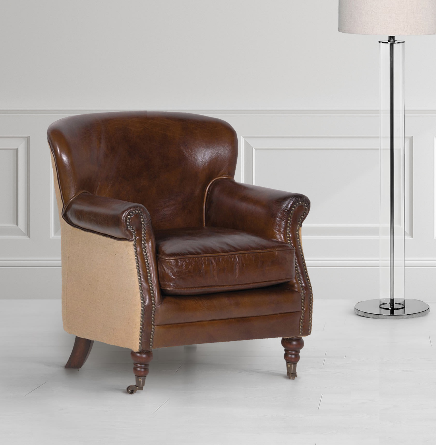 Vintage Leather and Linen Tub Chair