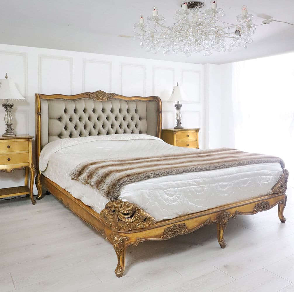 French Style Gold Gilt Upholstered Buttoned Bed