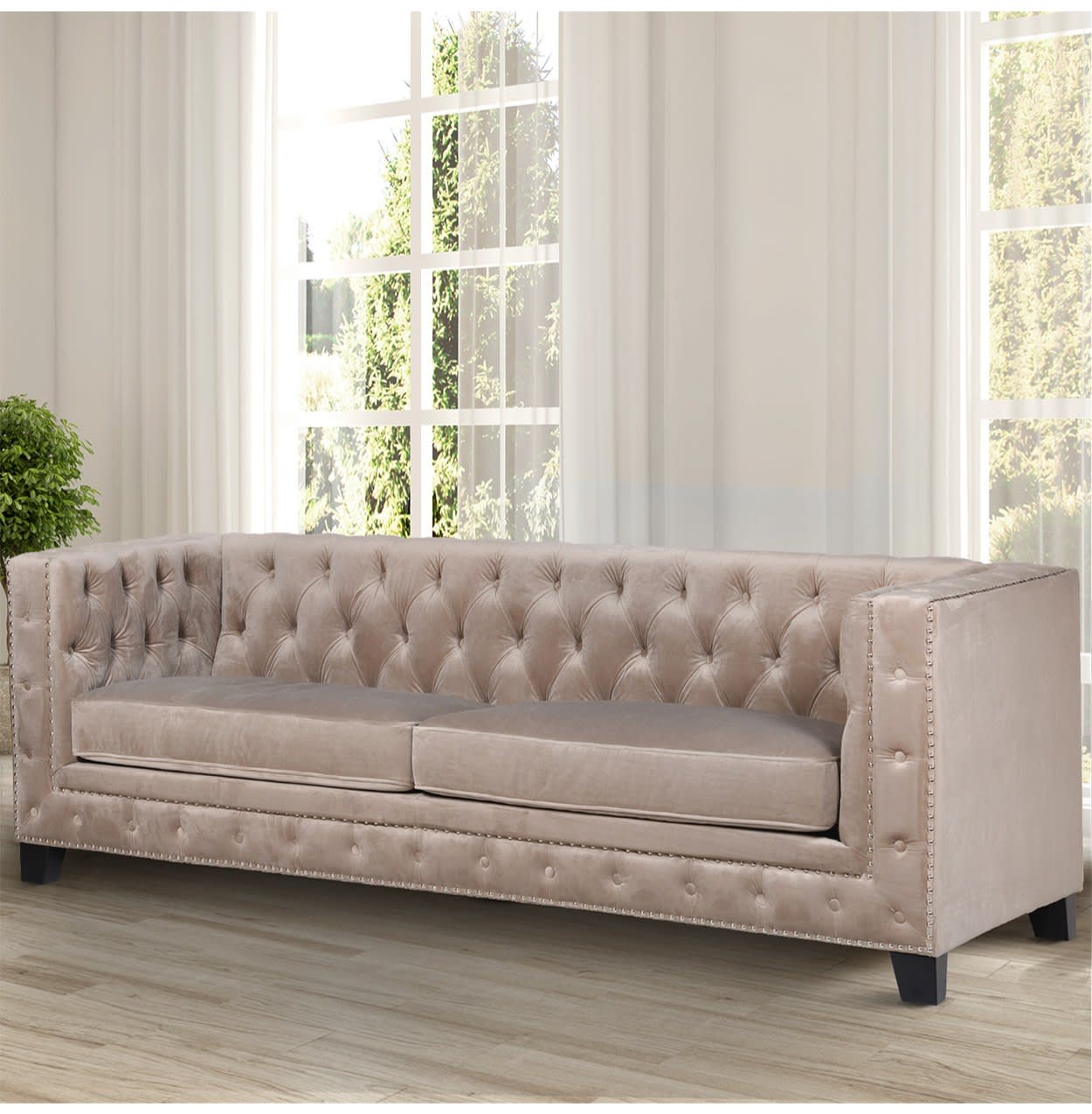 2 or 3 Seater Taupe Velvet Buttoned Sofa