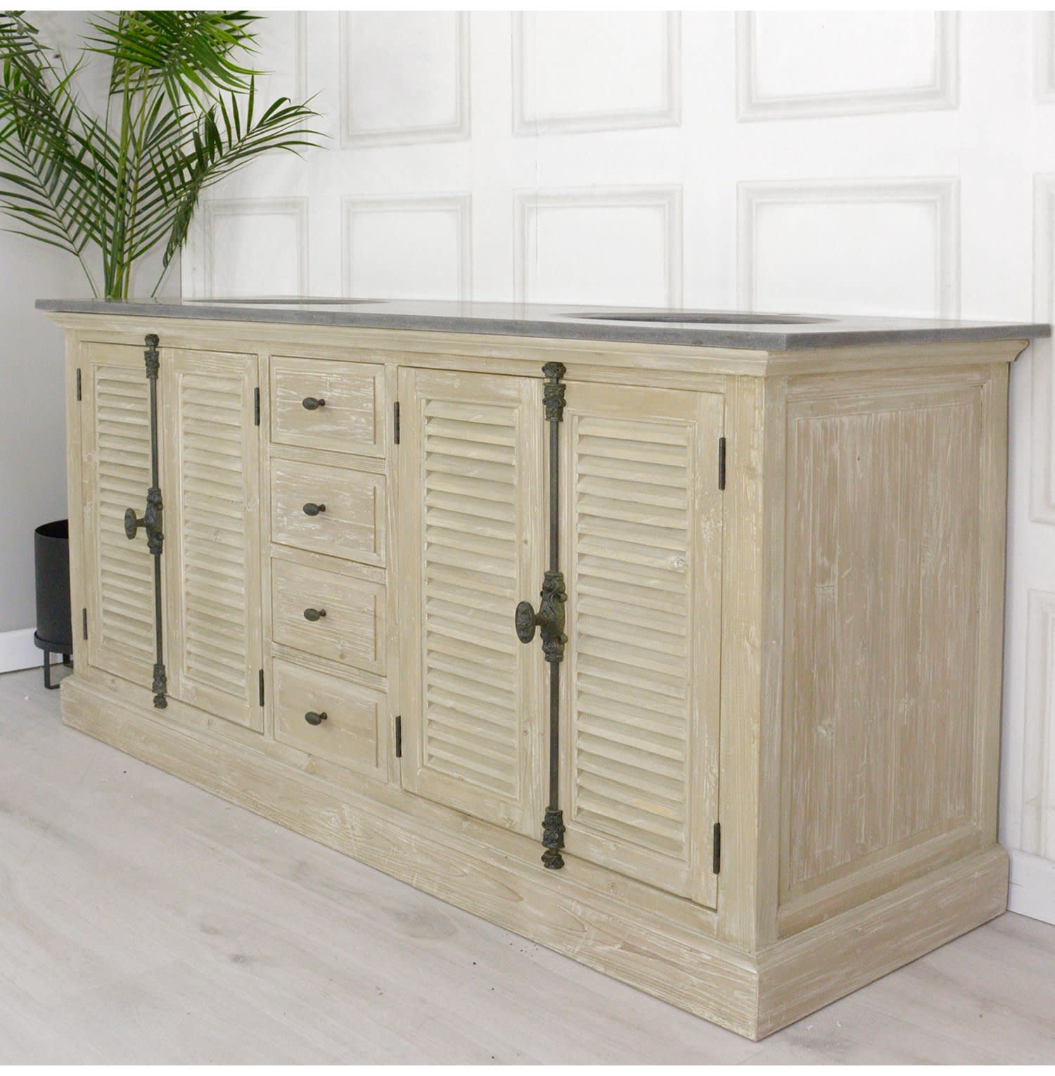 Louvered Pine Double Vanity Sink Unit