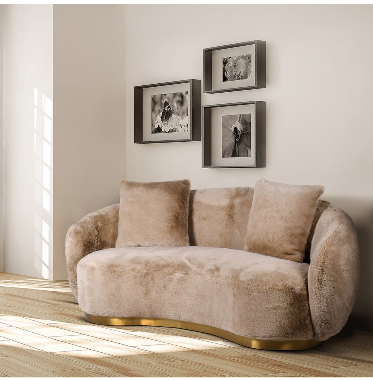 Biscuit Brown Faux Sheepskin Curved 2 Seater Sofa