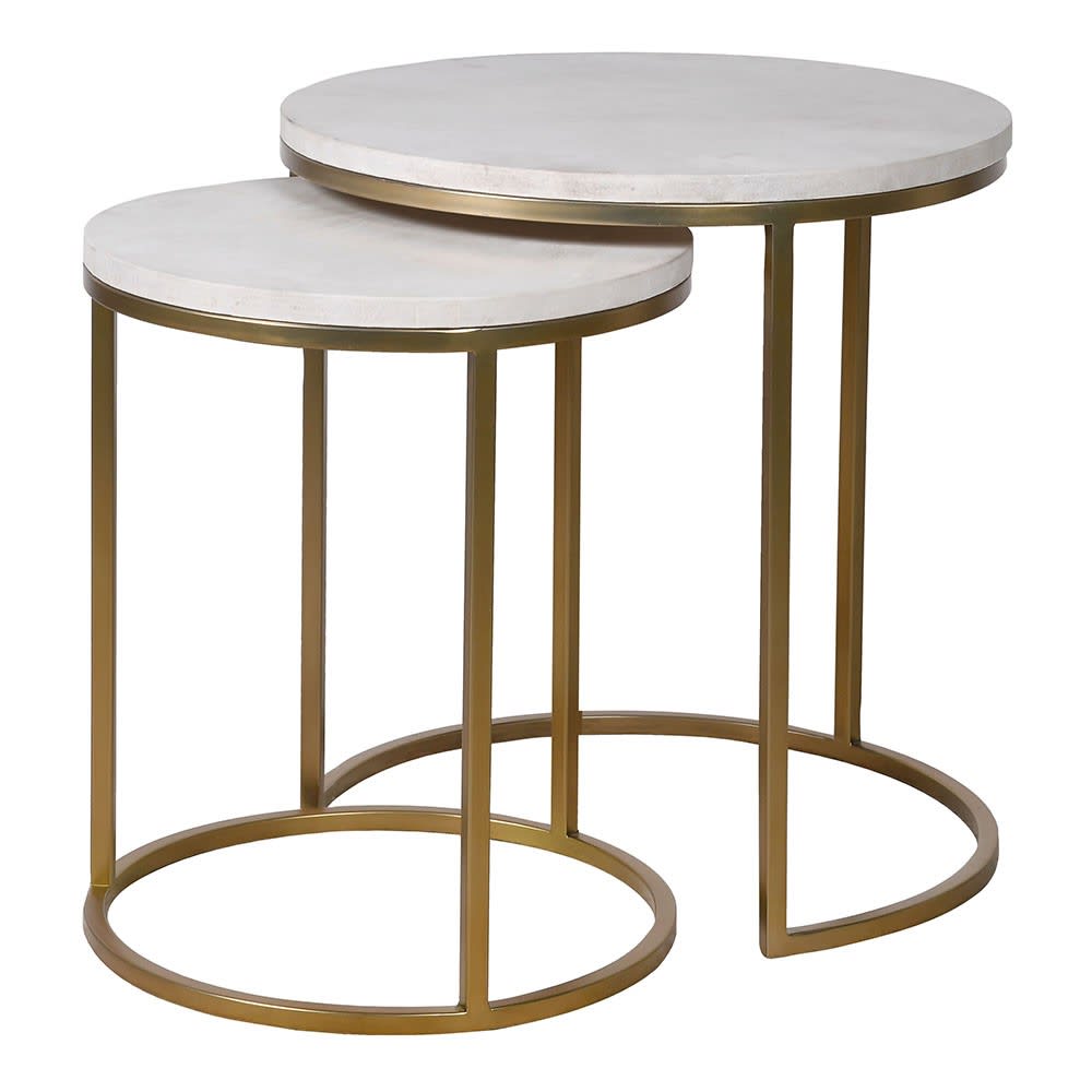 White Leather and Brass Nest of Tables