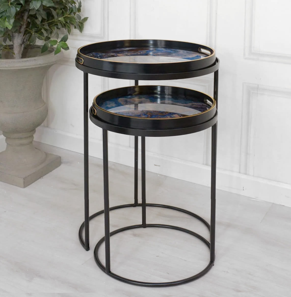 Set of 2 Blue Marble Effect Black Side Tables