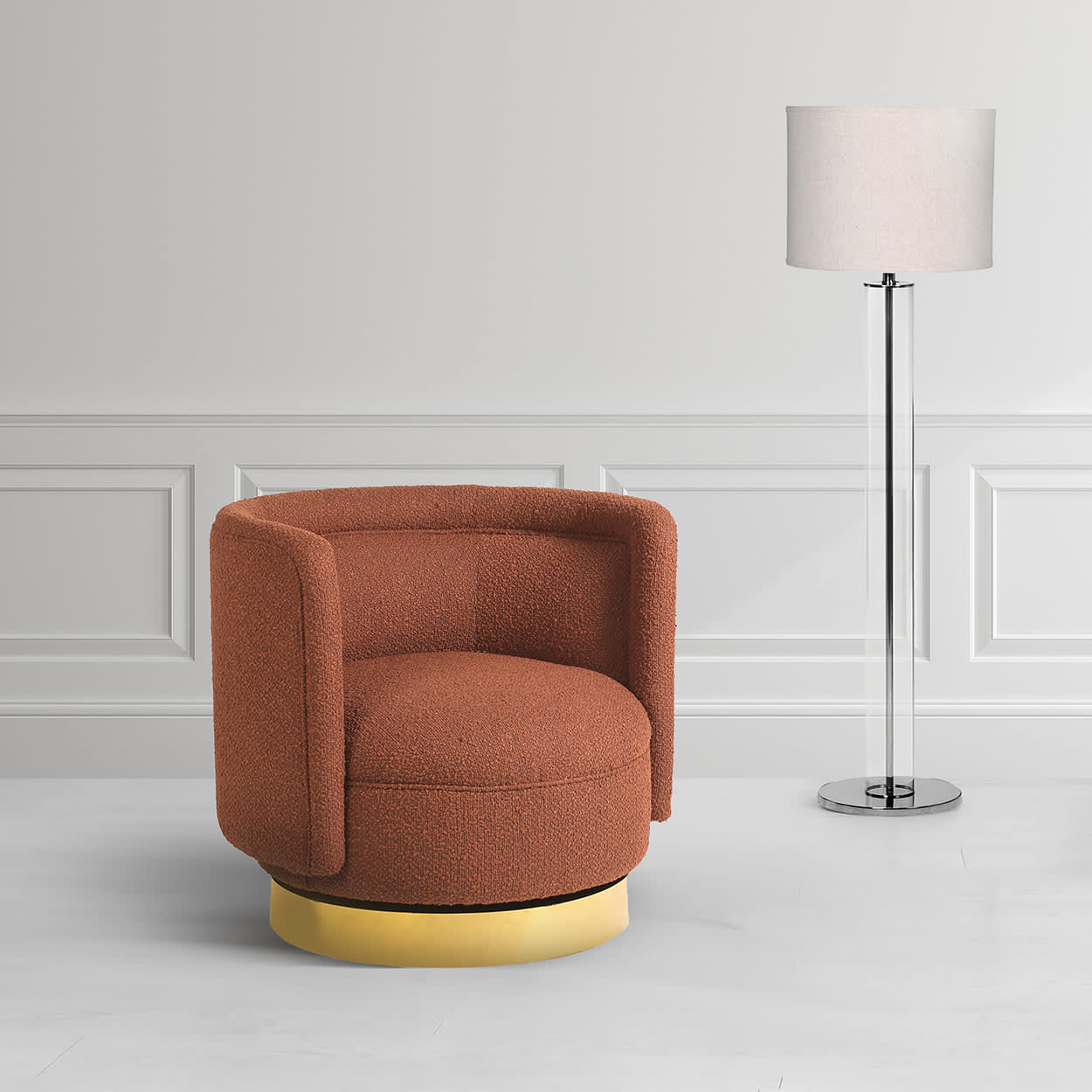 Burnt Umber Orange Boucle Swivel Chair