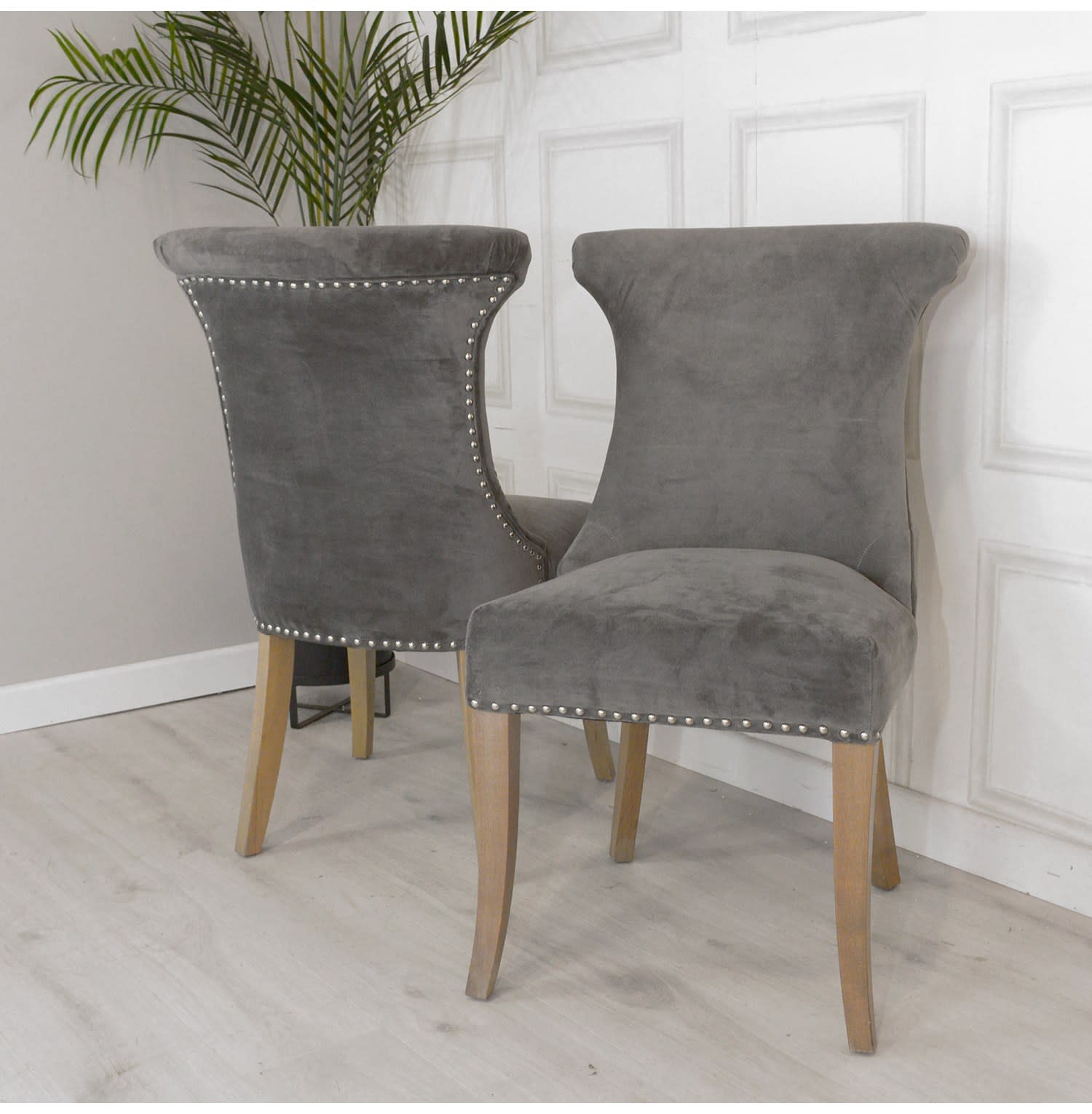 French Grey Velvet Studded Dining Chair X2