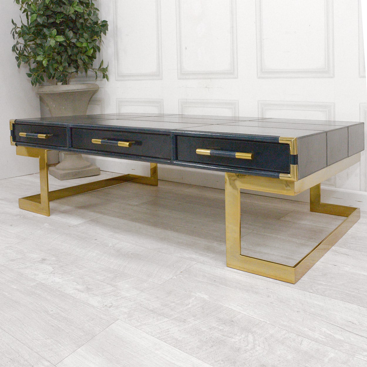 Blue Leather with Gold Trim Coffee Table