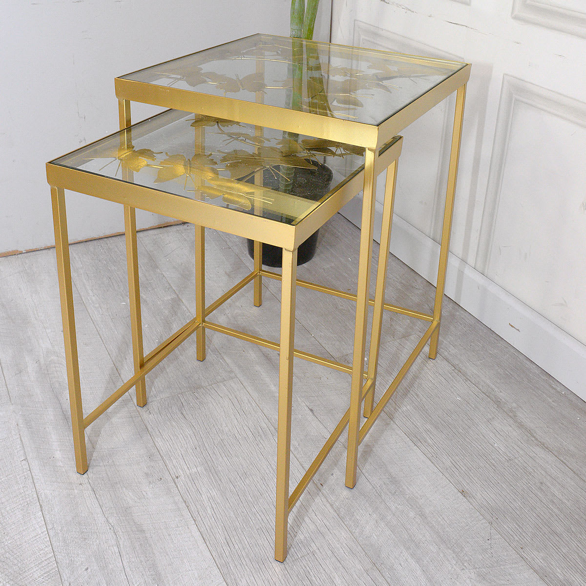 Set of 2 Butterfly Glass Nest of Tables