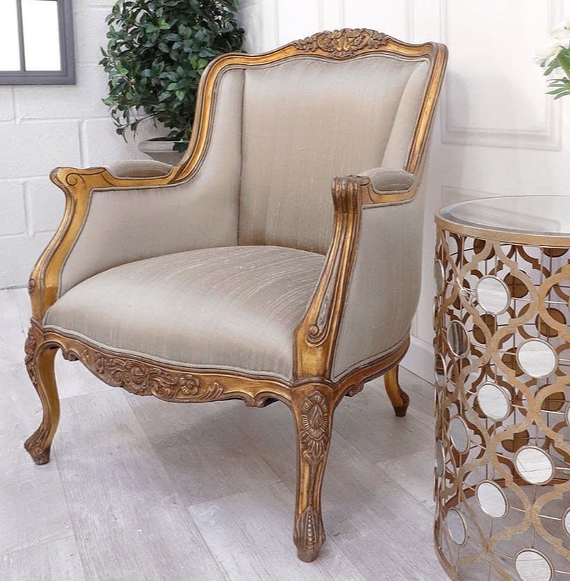French Style Gold Gilt Library Chair Silk