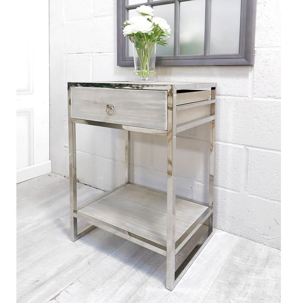 Fir Wood and Chrome Bedside Table