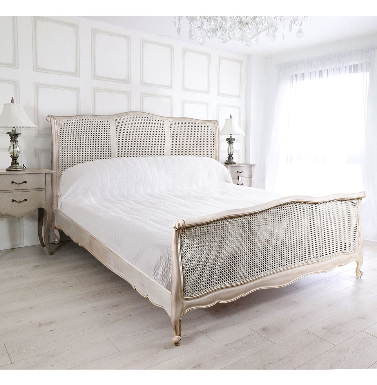 French Style Whitewashed 6ft Super King Rattan Bed