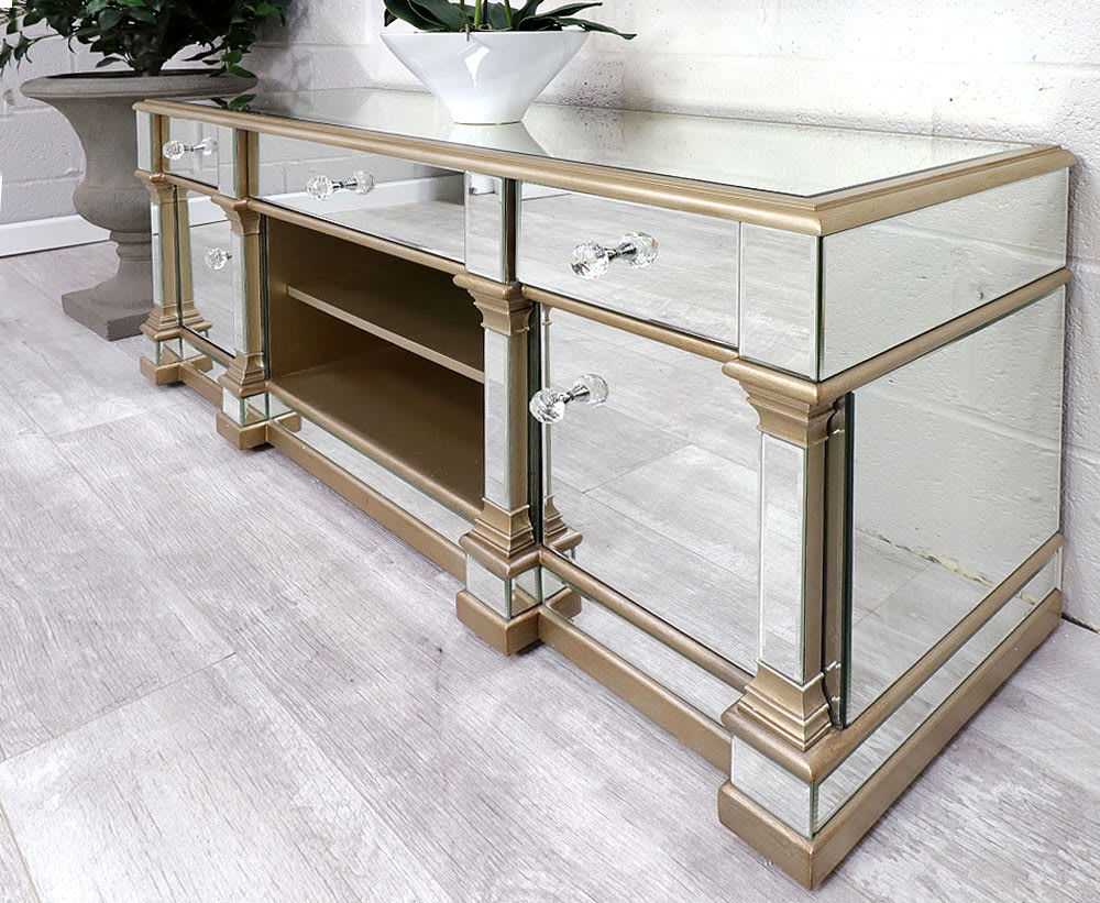 Venetian Mirrored Column Medium TV Unit Brushed Gold