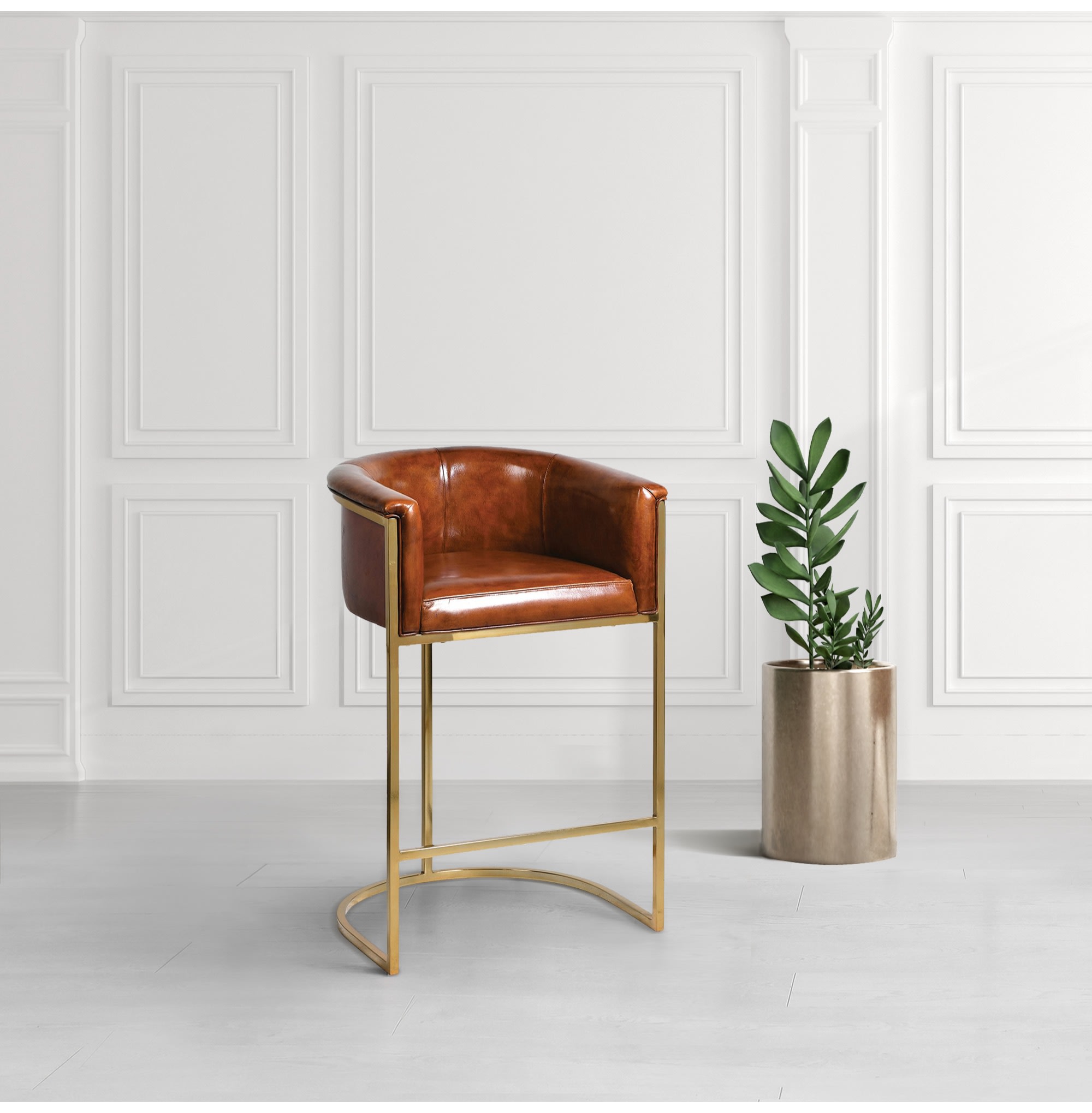 Tan Leather and Gold Bar Chair