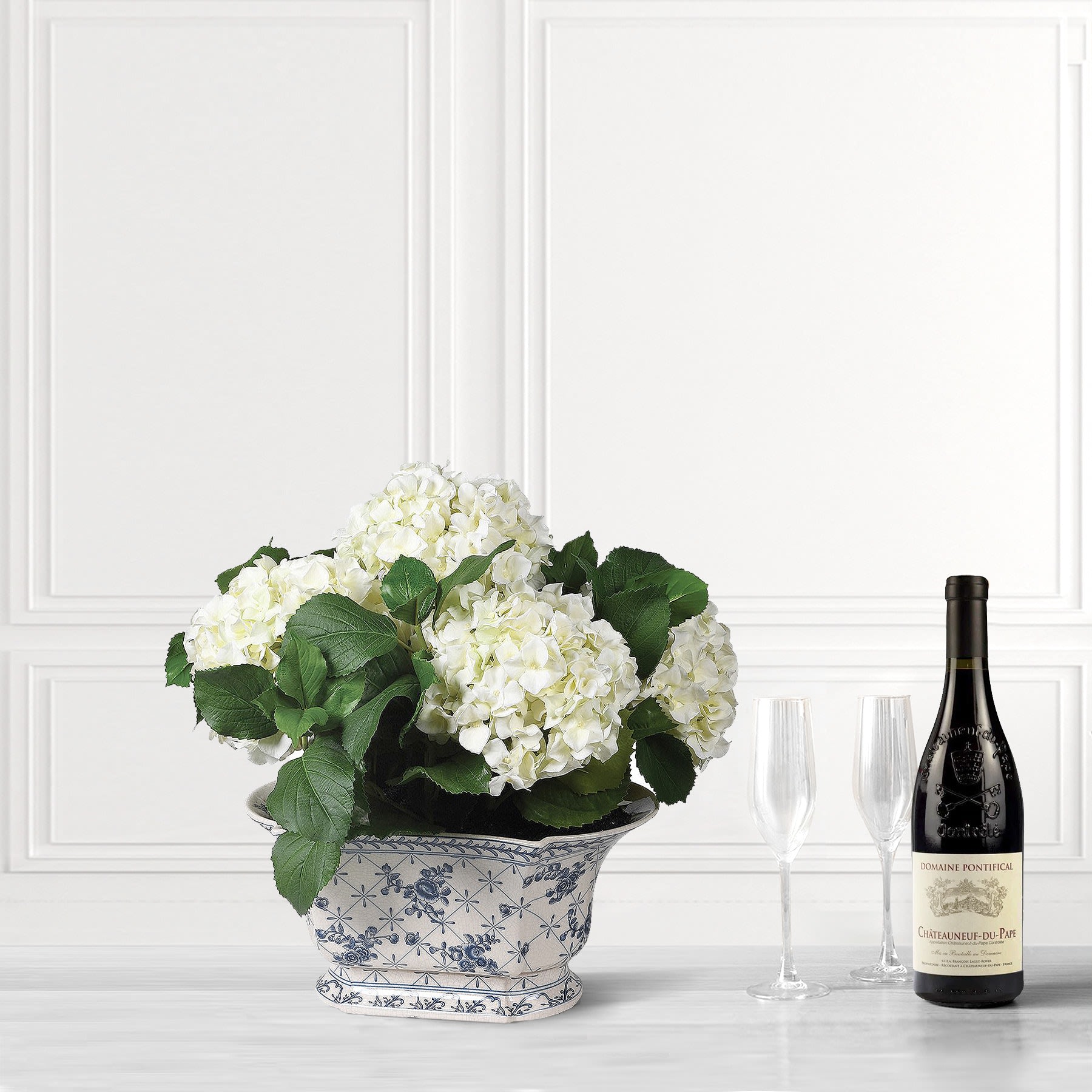 Artificial White Hydrangea Arrangement in Chinoisery Vase | Luxury Faux Flower Bouquets