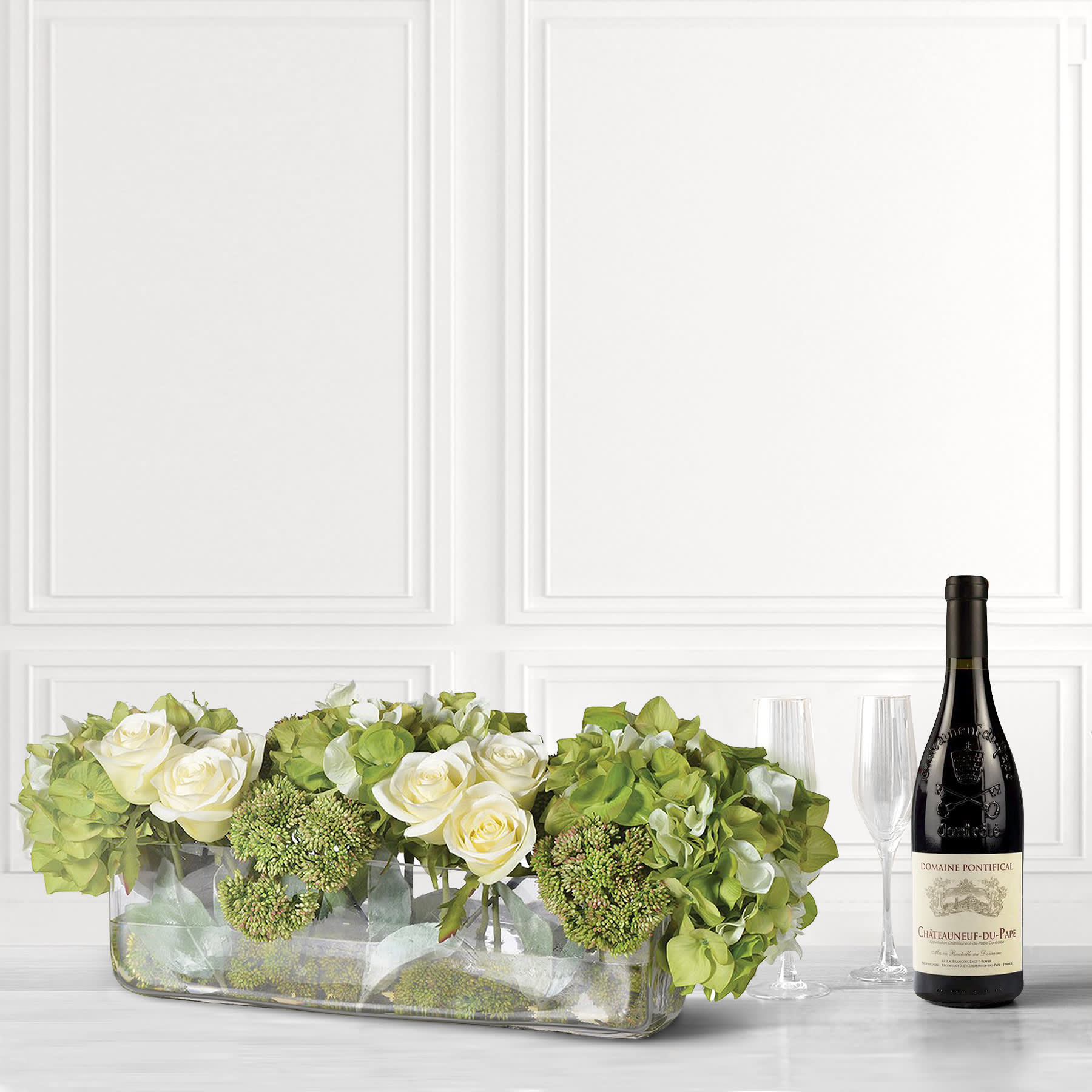 Lime/Cream Hydrangea/Rose/Seedum Arrangement in Low Oblong Glass Vase