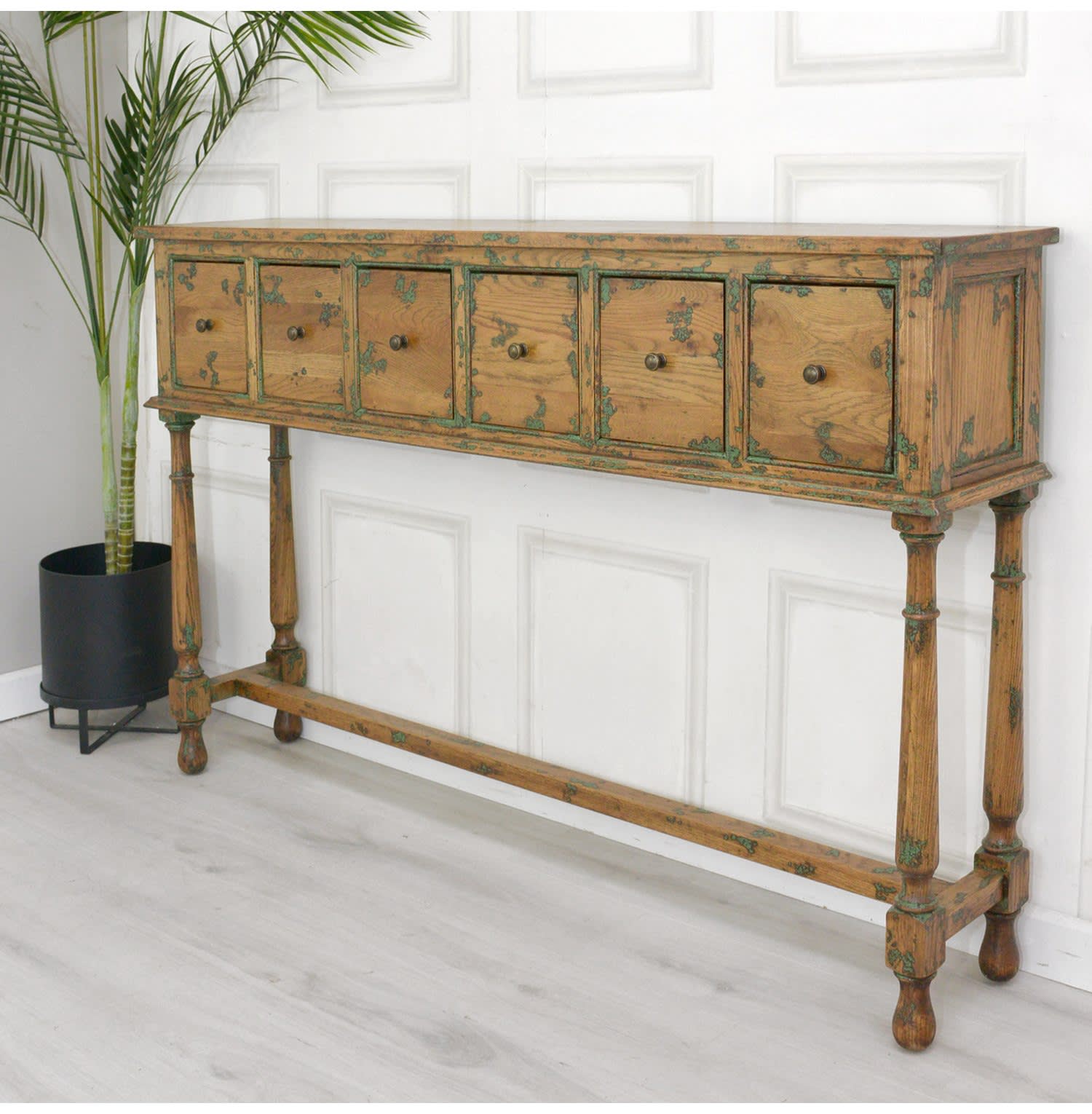 Aged Oak 6 Drawer Hall Console Table