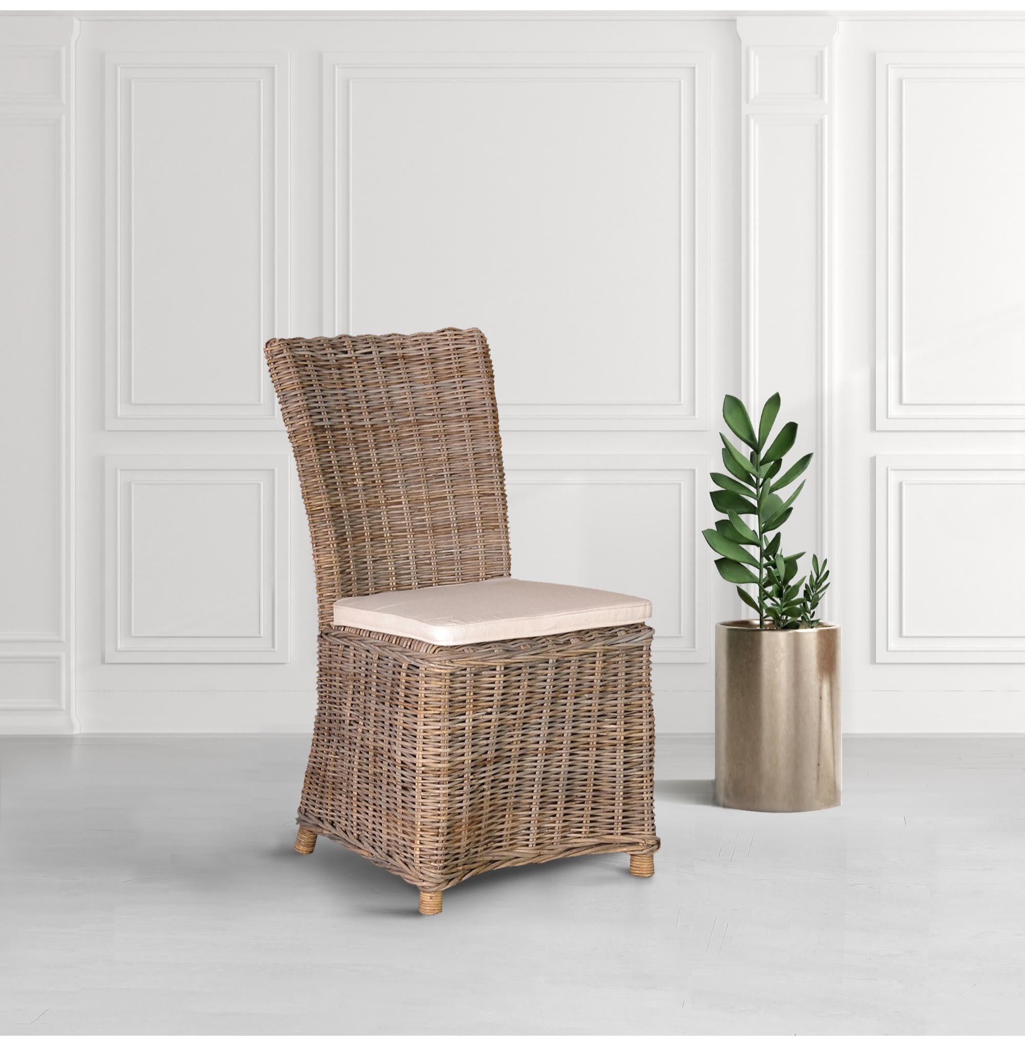 Woven Rattan Dining Chair with Linen Cushion
