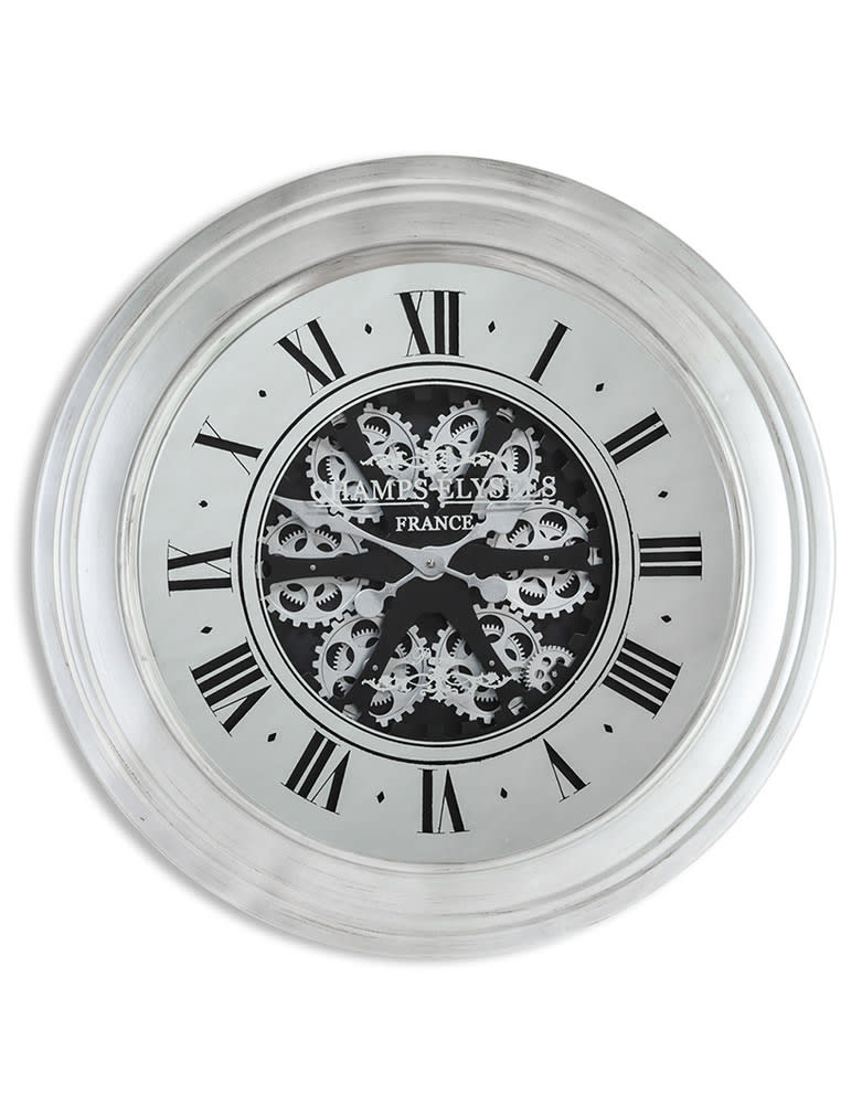 Silver Mirrored and Moving Gears Wall Clock