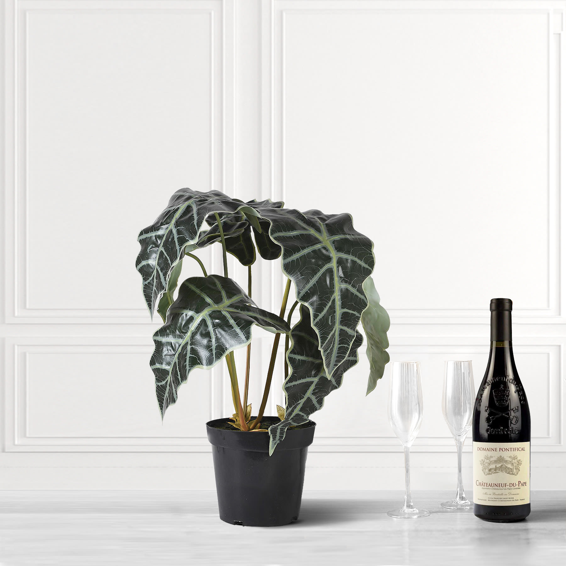 Faux Alocasia Plant in Black Pot