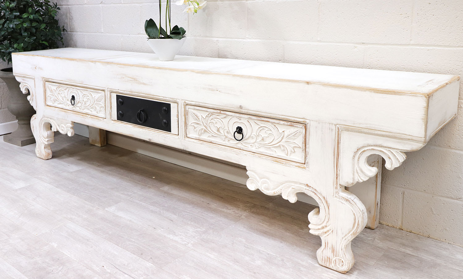 White Finish Oriental Style Long Sideboard