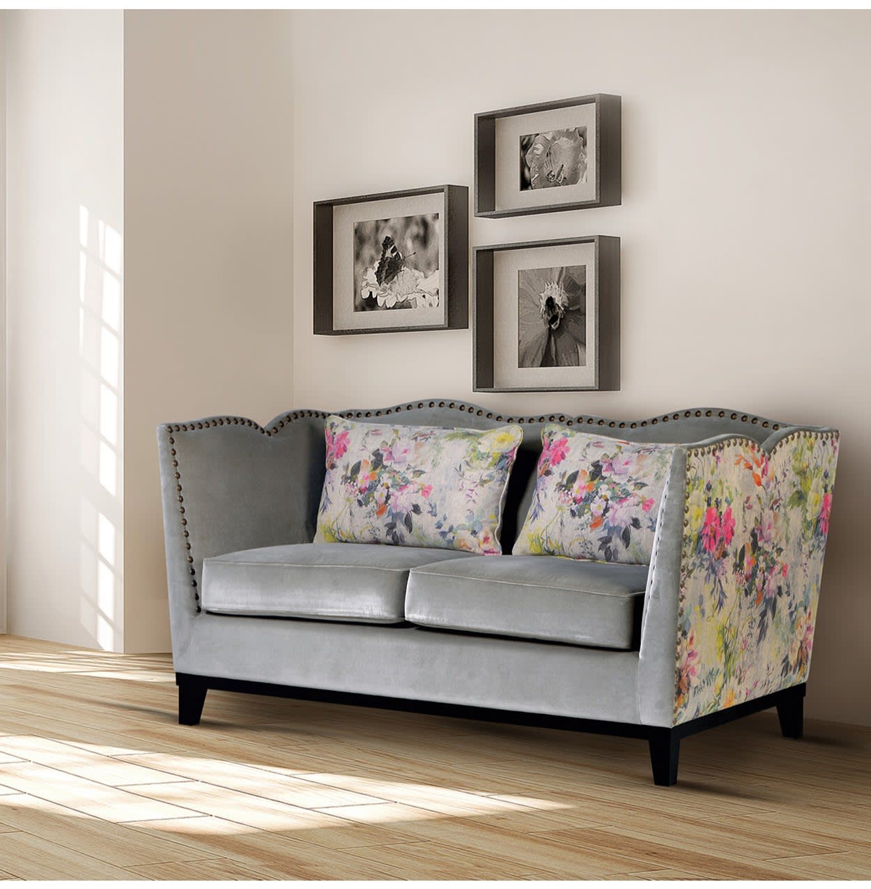 Floral Studded Cotton Linen Grey 2 Seater Sofa