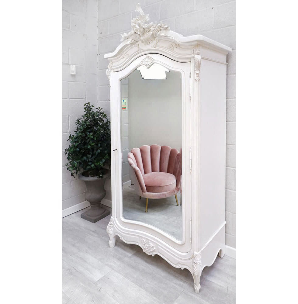 French Style White Mirrored Armoire Wardrobe